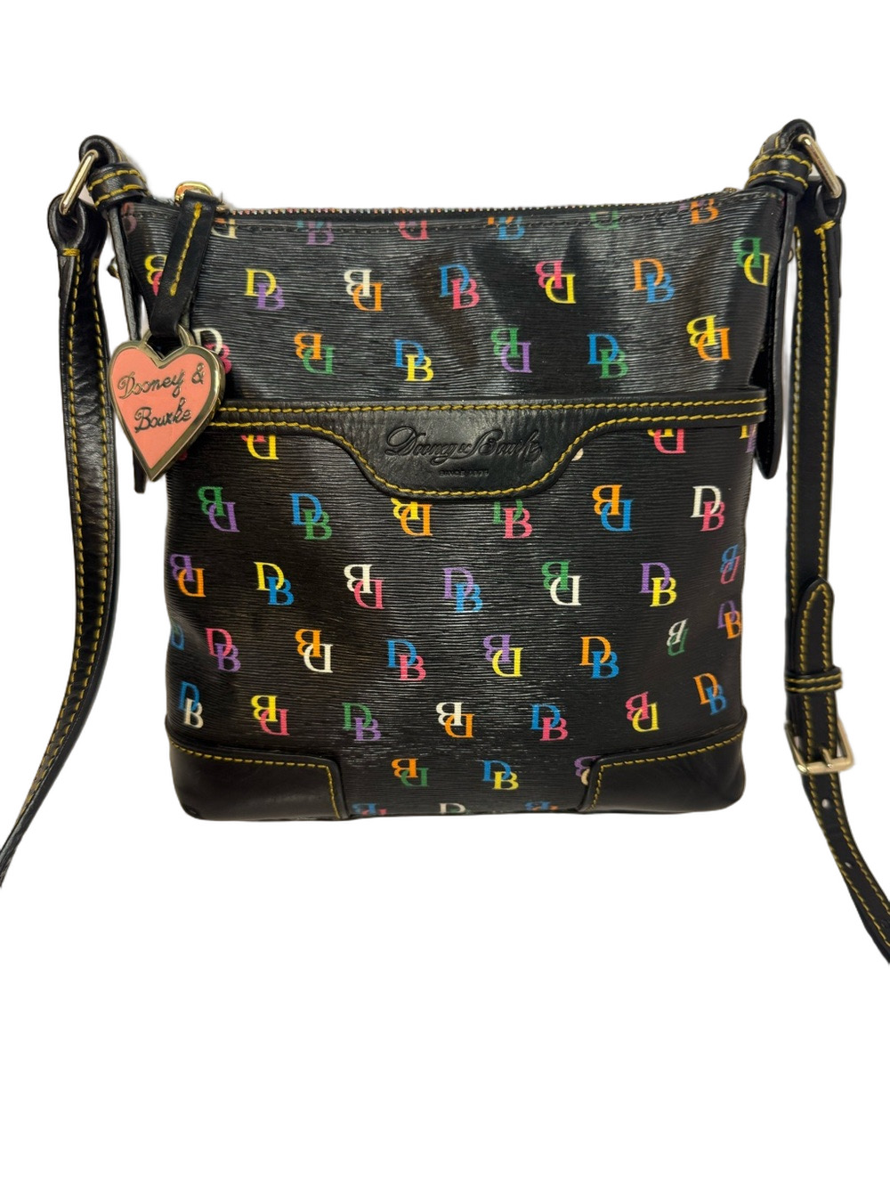 #394 Dooney & Bourke Y2K Vintage Black Rainbow Multi Logo Zipper Crossbody Bag